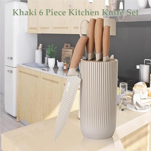 Kitchen Knife Set, 6-Piece Khaki Sharp Knife Set for Kitchen, Non-stick Non-slip Stainless Steel Chef Knife Set with Universal Knife Block Suitable for Home Restaurant (Khaki) 4