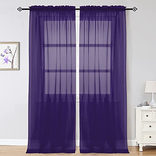 Image of OWENIE Purple Sheer Curtains 96 Inch Length, Elegant Sheer Curtains for Bedroom, Window Voile Sheer Curtain Panels /Drapes /Treatment for Living Room, 2Pcs, Each 42 inch W x 96 inch L