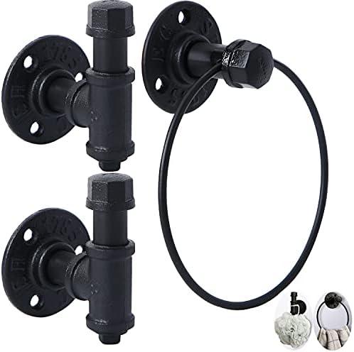 3-Pack Industrial Pipe Bathroom Hardware Accessories Set, Include 2 Robe Coat Towel Hook and 1 Towel Ring for Hanging. 1/2" inch Threaded Heavy Duty Wall Mounted Rustic Decor Accessories Kit (Black)