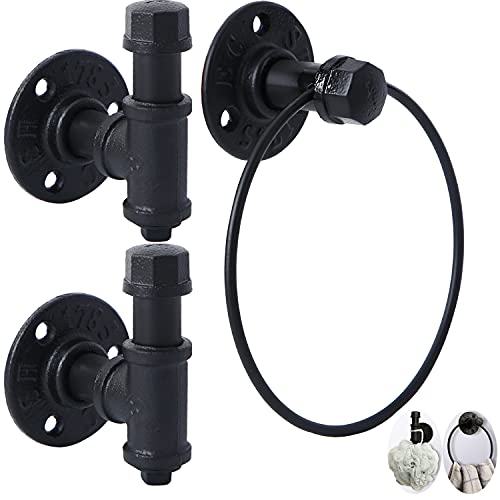 3-Pack Industrial Pipe Bathroom Hardware Accessories Set, Include 2 Robe Coat Towel Hook And 1 Towel Ring For Hanging. 1/2" Inch Threaded Heavy Duty Wall Mounted Rustic Decor Accessories Kit (Black) #TOP19