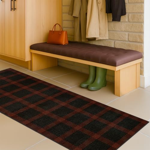 2x6 Front Door Runner for Indoor Entryway - Retro Buffalo Plaid Front Door Mat Indoor Entrance, Non Slip Washable Rug for Kitchen, Bedroom, Washable Easy Jute Red and Black Fall & Holiday De