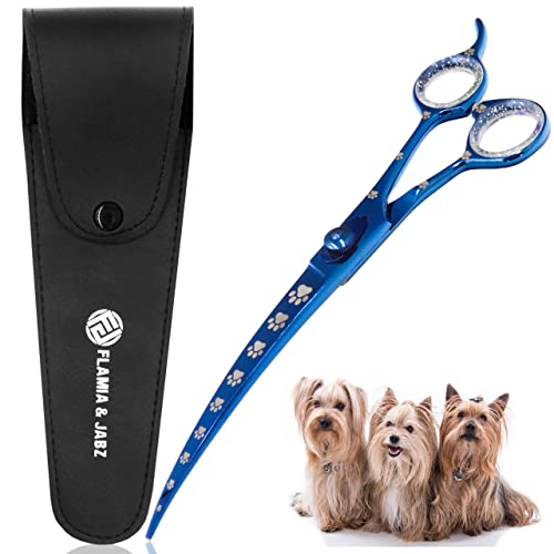Professional Dog Grooming Scissors/Shears, Curved, with Paw Prints for Dogs, Cats & Pets (Right Handed, Blue, Stainless Steel 8 Inch)
