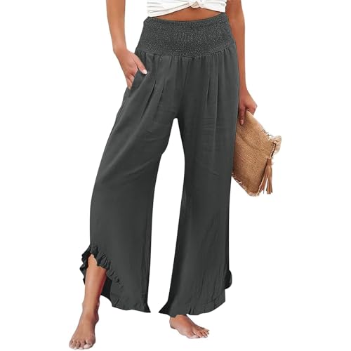 GOKKILRW Women Linen Pants Summer Wide Leg Beach Capris Lightweight High Waist Ruffle Flowy Palazzo Pant Boho Casual Trousers