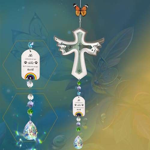 FONMY Cross Pet Sympathy Gift Dog Memorial Wind Spinner Dog Memorial Suncatcher Gifts for Dog Lovers Stainless Steel Wind Chime-Silver-24 in