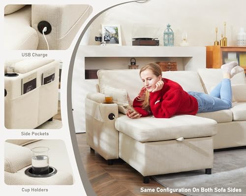 DURASPACE Sofa Bed Sleeper Pull Out 2 in 1 Sectional Sleeper Sofa Couches with Storage,USB, Cup Holder,Pullout Sectional Couches for Apartment Living Room (Beige)