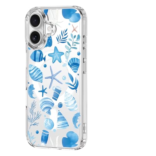 Coque rigide iPhone 16 transparente thème marin avec aimant premium