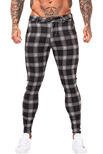 GINGTTO Men Twill Pants Slim Fit Casual Plaid Skinny Pants for Men Fashion Black 36