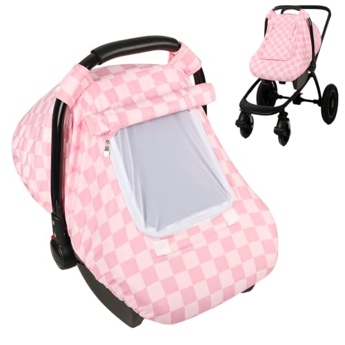 Image of Baby Car Seat Cover with Mesh Window for Boys,Pink Checkered