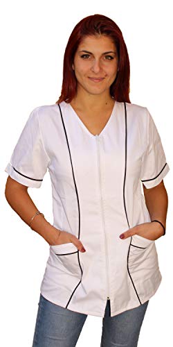 Petersabitidalavoro Blouse de travail pour esthéticienne, coiffeuse, chef, pour femme, avec fermeture éclair, noir, Blanc avec insert, Medium Cover