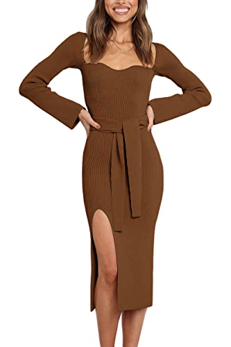 LILLUSORY Women's Sweetheart Neckline Midi Dress Long Sleeve Ribbed Knit Sweater Outfits with Slit and Belt 2024 Spring