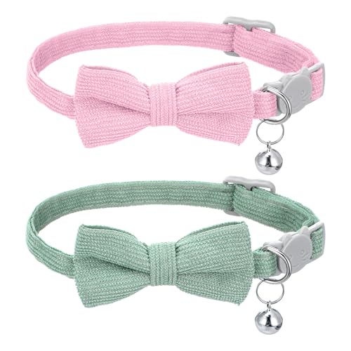 2 Stück Katzenhalsband Weiches Cordhalsband für Kleine Katzen mit Glöckchen und Fliege Katzenhalsband Verstellbar Sicherheitsfliege für Hochzeiten...