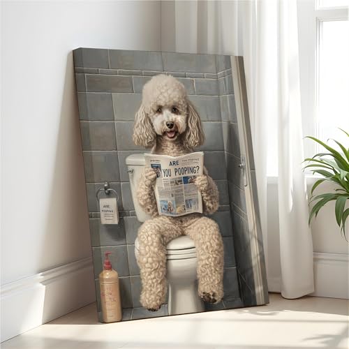 Image of Poodle White on Toilet Wall Art Print Canvas Wrapped, Dog Bathroom Humor Decor Posters Prints for Restroom Home Picture Painting Artwork Gallery 7 (Poodle White, 20L inch x 16W inch CANVAS, Wrapped Canvas)