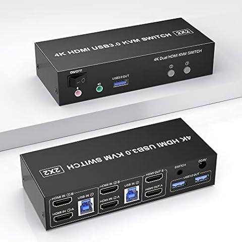 USB 3.0 HDMI Dual Monitor KVM Switch 2 Port, 4K@60Hz HDMI KVM Switch für 2 Computer teilen sich 2 Monitore und 3 USB 3.0 Ports, Audio Mikrofon Ausgang Cover