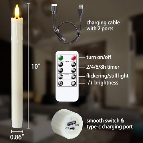 Image of Rechargeable Flameless Timer Remote Taper Candles, 2pcs 0.86 inch x10 inch LED Flickering Dripping Wax Window Tall Fake Ivory Plastic Candlesticks(USB Charging Cable Included)