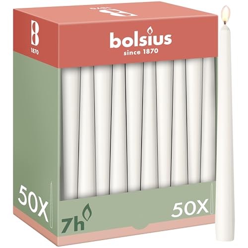 Bolsius Świece gładkie - białe - 50 szt. - 24,5 cm - dekoracyjne świece domowe - czas palenia 7 godzin - bezzapachowe - zawierają naturalny wosk roślinny - bez oleju palmowego