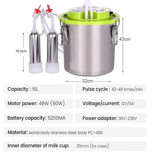 12/16l MáQuina De Ordenha EléTrica Pulsante AutomáTica-43-46 Vezes/Min | 5200ma MáQuina De Ordenha E