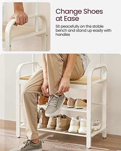 VASAGLE Coat Rack, Coat Stand with Shoe Storage Bench, 4-in-1 Design, with 9 Removable Hooks, a Clothes Rail, for Hallway, Entrance, 33.7 x 72 x 183 cm, Modern, Oak and Cream HSR40W