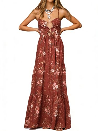 Image of Womens Summer Floral Spaghetti Strap Backless Low Cut Smocked Milkmaid Flowy Beach Sundresses