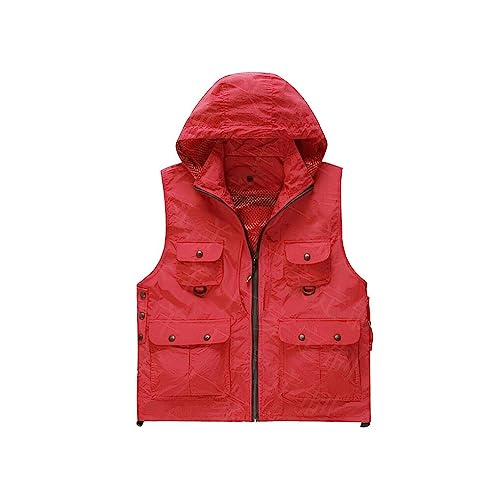 vreplrse Vest Effen Kleur Mouwloos Capuchon Ademend Stand Kraag Lente Zomer Fotografie Camping Outdoor Gilet Kleding, Rood, XXL