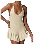 MakeMeChic Women's Crochet Halter Dress Tie Backless Ruffle Hem Y2k Mini Dresses Cream X-Large