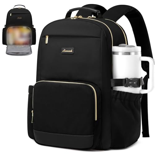 Image of LOVEVOOK Lunch Backpack with Lunch Compartment,17 Inch Laptop Work Travel Insulated Cooler Backpack Purse,Waterproof College Teacher Nurse Lunch Bag Box with Tumbler Holder,Gifts for Men Women,Black