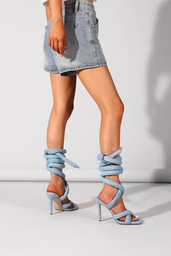Image of LingxiaUne Blue Lace Up Sandals for Women Elegant Strappy Heels with Open Square Toe Sexy Tie Up Stiletto Heel Sandal for Party Dancing Wedding Size 11