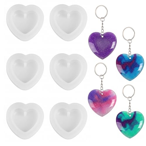 6 Pcs Heart Resin Mold with Key Rings and Hole Love Heart Shape Silicone Molds for Resin Silicone Jewelry Casting Cute Hearts Casting Molds for DIY Craft Jewelry Pendant Earring
