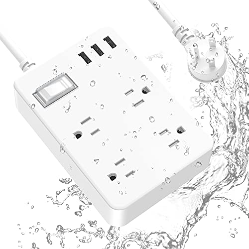 Jgstkcity Outdoor Waterproof Power Strip, 4 Flat Plug Outlets and 3 USB Ports, Mountable Weatherproof Surge Protector, Multi Outlet Extension for Camping, Garden, Kitchen, Bathroom, 6ft Cord (White)