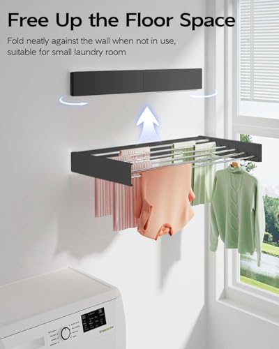 Image of JIALTO Stainless Steel Space Saver Folding Cloth Dryer Stand Wall Mounted Retractable Clothes Drying Rope Hanger, Foldable Cloth line Use Indoor and Outdoor for Home Grey