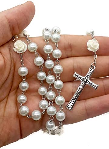 Nazareth Store Pure White Pearl Beads Rosary Necklace Our Rose Lourdes Medal & Cross Crucifix, Stone