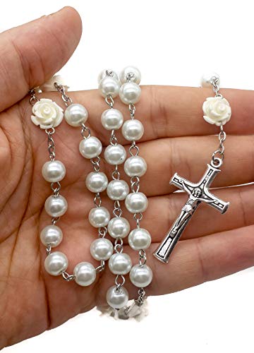 Nazareth Store White Pearl Beads Catholic Rosary Roses Mystery Beads Prayer Necklace Our Rose Lourdes Medal and Cross Crucifix