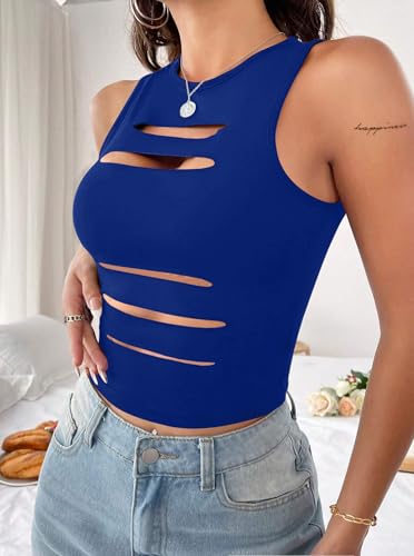 Image of LovelyWholesale Women Sexy Cut Out Crop Tank Tops Crew Neck Summer Sleeveless Top