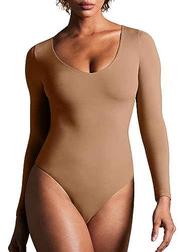 Image of IUGA Bodysuits for Women Tummy Control Body Suits for Womens Compression Slimming Thong Bodysuit V Neck