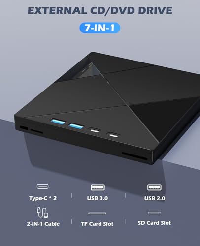Image of Wbacon 7 in 1 External CD /DVD Drive for Laptop, Portable DVD Player for Laptop with SD /TF Port, External DVD Drive with USB 3.0 /Type C, CD Drive USB for PC Windows Linux