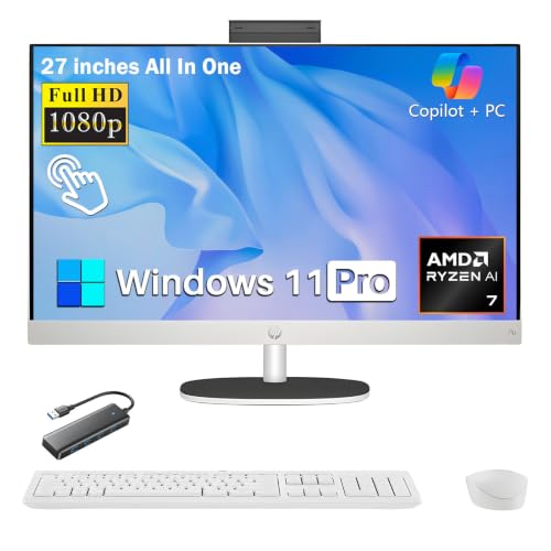 Image of HP 27 inch Touchscreen All-in-One Desktop PC, AMD Ryzen AI 7 350, 32GB DDR5 RAM, 4TB SSD, FHD Touch IPS Display, Wi-Fi 6, Copilot+ AI PC, Windows 11 Pro, w /KB & Mouse, USB HUB, White