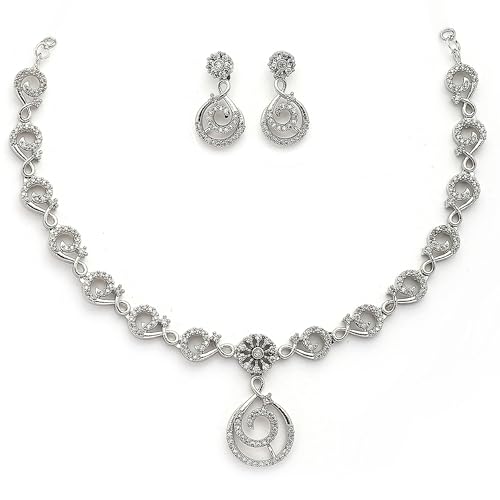 ZENEME White American Diamond Studded Spiral Shaped Necklace With Earrings Jewellery Set For Women & Girls (Silver)