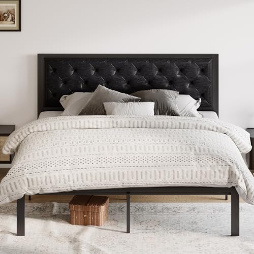 Image of Allewie King Bed Frame with Faux Leather Upholstered Headboard, Chic Diamond Stitched Tufted Design, No Box Spring Needed, Black