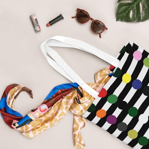 Canvas Tote Bag for Women Shoulder Tote Purse Reusable Grocery Bag Rainbow Polka Dot Stripe Aesthetic Shopping Bags4