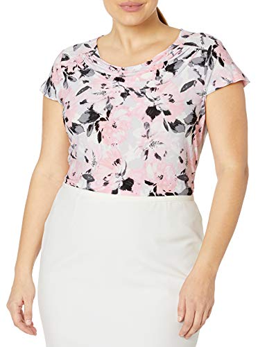 Kasper Women's Sketched Floral Printed Moss Crepe Cowl Neck Short Sleeve Knit TOP, Tutu Pink Multi, L