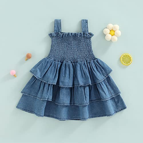 Infant Baby Girls Denim Straps Dress Sleeveless Ruched Layered Skirt Cake Smash Dress3