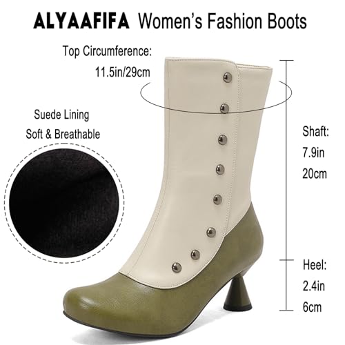 Alyaafifa Leather Boots for Women Wide Width Closed Round Toe Kitten Heel Mid Calf Boots Tow-Toned Vintage Victorian Riding Boots with Zipper Studded Rivets Retro Wingtip Dressy4