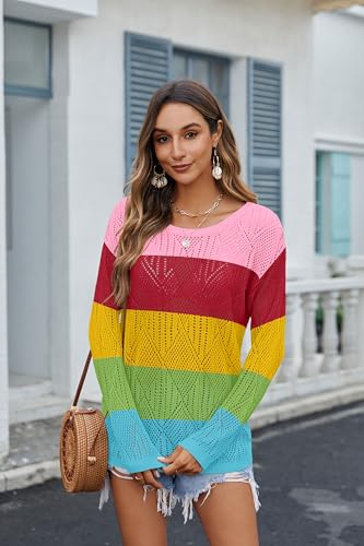 Image of Zeagoo Off The Shoulder Tops for Women Hollow Out Crochet Knit Stripe Vacation Outfits Resort Wear Pink Red Yellow Green Blue L