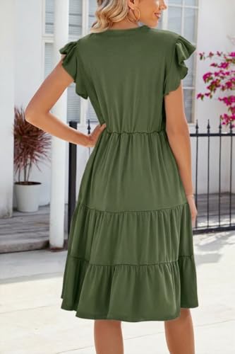 Image of Womens Summer Dress Ruffle Sleeve V Neck Midi Dresses Casual Fit Flowy Tiered Boho Beach Vacation Sundress