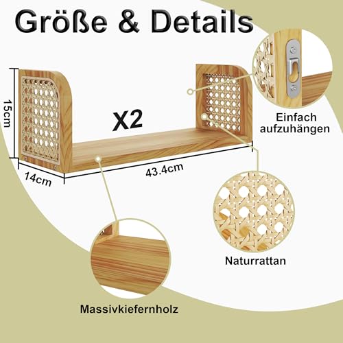 2er Set Rattanregal – Boho Wandregal & Boho Deko, Natürliches Hängeregal für Kinderzimmer, Wohnzimmer & Schlafzimmer, Aufbewahrung für Bücher & Spielzeuge in Natürlicher Holzfarbe – Bild 3