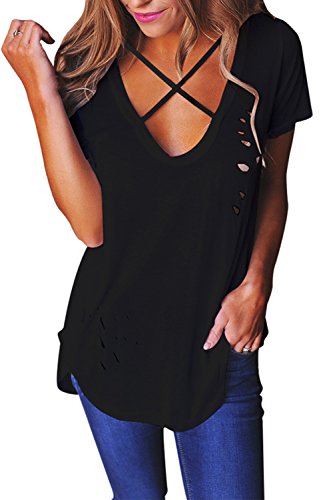 Pxmoda Women's Short Sleeve Swag Cross Front Ripped Tee T Shirt Tops (2XL, Black)