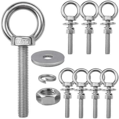 Image of 8 Pack M12 Stainless Steel Eye Bolts with Nuts, 1 /2 inch x 4 inch Eye Bolts | 304 Stainless Steel Eye Bolt,Eye Bolts Heavy Duty for Hang Tie Down Outdoor,1 /2 eye bolts with nuts,m12 eye bolts