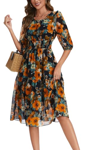 Image of Kormei Women Casual Boho Floral Round Neck 3 /4 Sleeve Smocked Waist Tiered A Line Flowy Swing Midi Dress Long Dresses