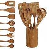 Solid Wood Cooking Utensils Set with Holder, Teak Wooden Kitchen Utensils (8 Piece Set)