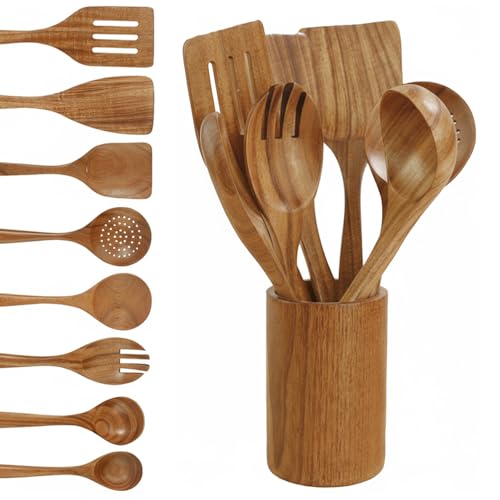 Solid Wood Cooking Utensils Set with Holder, Teak Wooden Kitchen Utensils (8 Piece Set)
