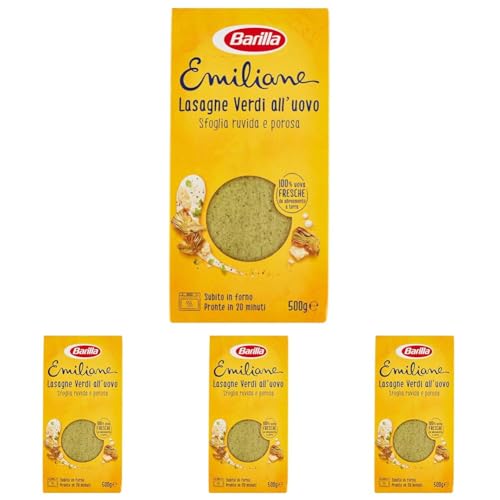 Barilla Pasta Le Emiliane Lasagne Verdi, Pasta all' Uovo con 100% Uova Fresche Italiane e Spinaci, Sfoglia Porosa e Delicata, 500 g (Confezione da 4)